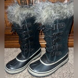 Women’s Sorel Joan Of Arctic Black Faux-Fur Trim Leather Winter Snow Boots